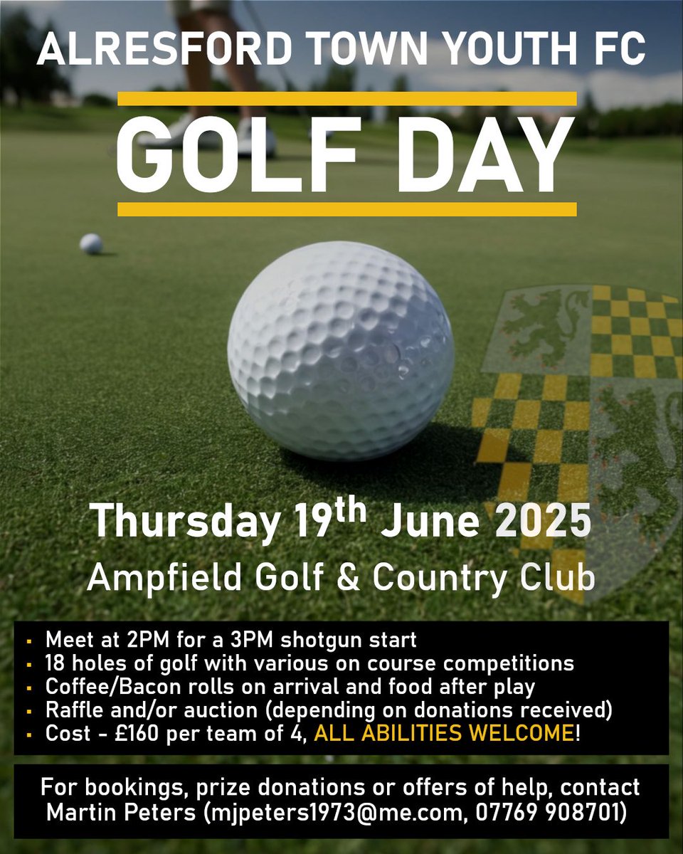 Just a quick reminder about our ATYFC Golf Day 2025 on Thursday 19th June. We are still looking for 4 more teams (or 16 individuals), donations of prizes for the raffle and sponsorship to provide a prize for the winning team. Contact Martin Peters if you can help!