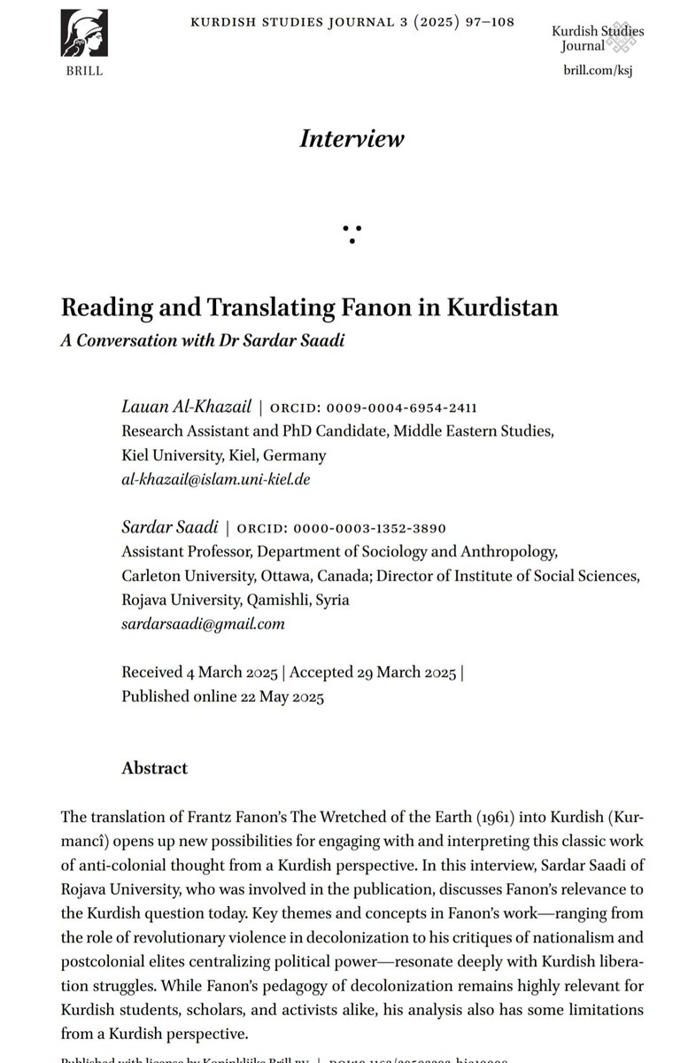 Lauan_al's tweet image. It's finally out: my conversation with Sardar Saadi @asoschia on Reading and Translating Fanon, just published in Kurdish Studies Journal 3 (2025) @Kurdish_Journal