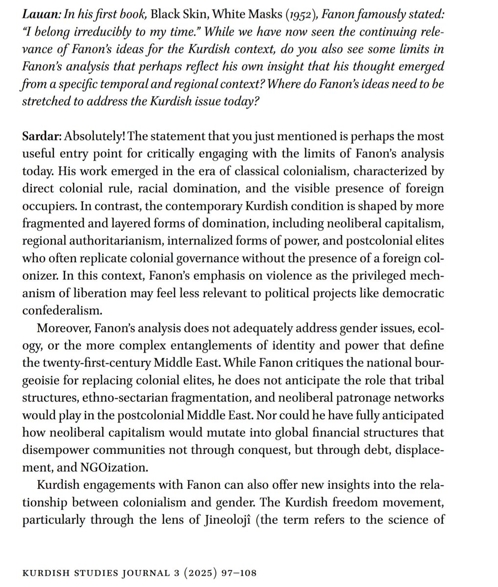 Lauan_al's tweet image. It's finally out: my conversation with Sardar Saadi @asoschia on Reading and Translating Fanon, just published in Kurdish Studies Journal 3 (2025) @Kurdish_Journal