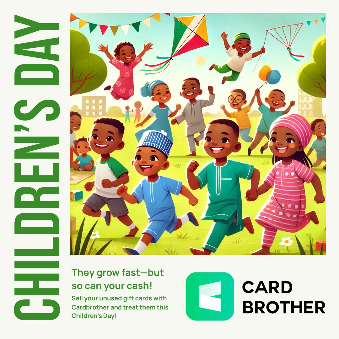 Cardbrother_'s tweet image. 🎉 Happy Children’s Day from Cardbrother!
They grow up fast—but your cash can too.
Trade your unused gift cards and give your little ones a reason to smile today! 💚🎁
#ChildrensDay #Cardbrother #GiftCardSwap #NigeriaKids #CelebrateSmart