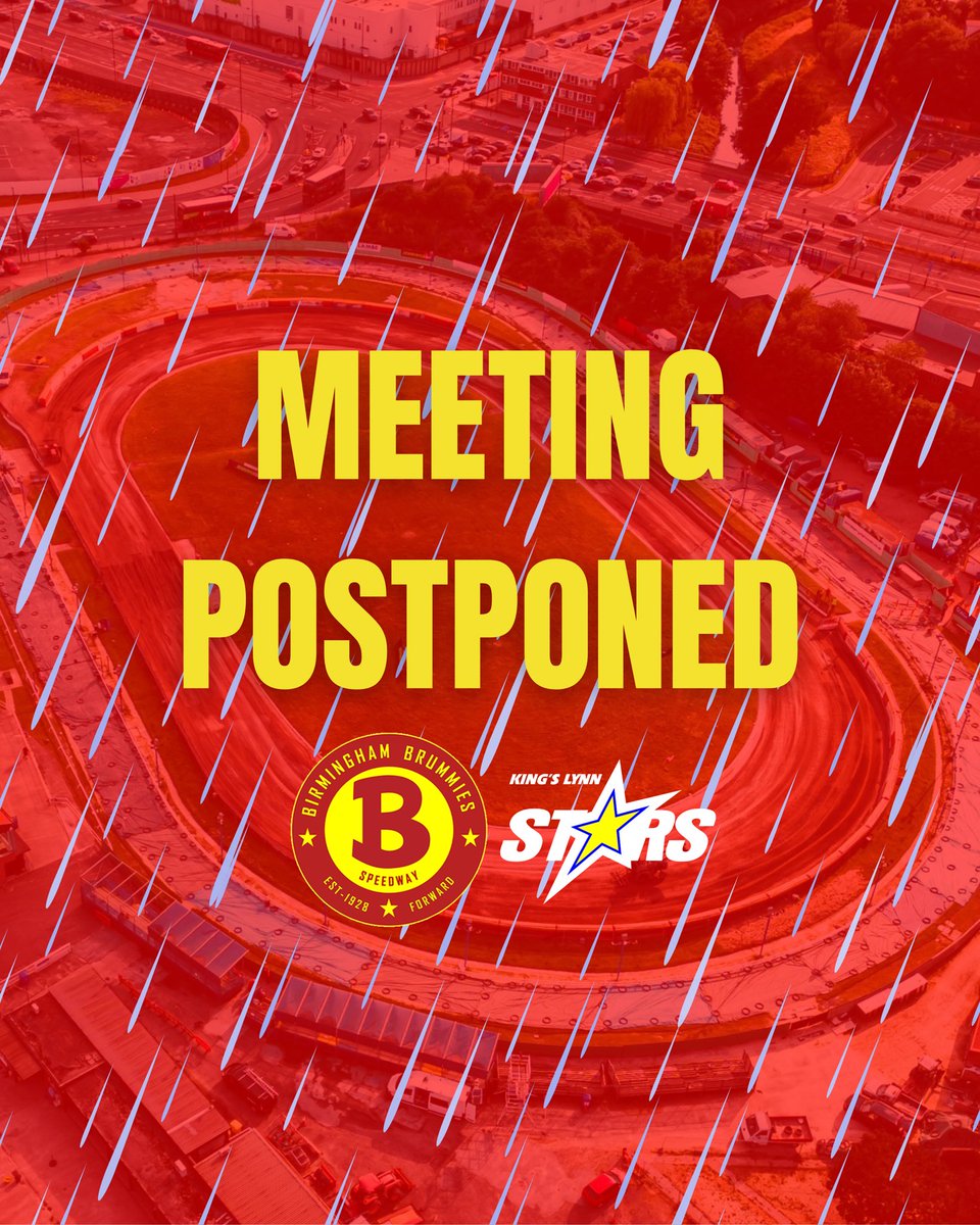 BrumSpeedway's tweet photo. ‼️❌

Our scheduled Bank Holiday Monday home clash with King’s Lynn has been called off - but our 12 noon away trip to Leicester goes ahead.

An early decision has been made to minimise inconvenience for all with heavy rain set to hit the region from 8pm.

#BIRKLY | @SpeedwayGB https://t.co/FeVRjZB1zA