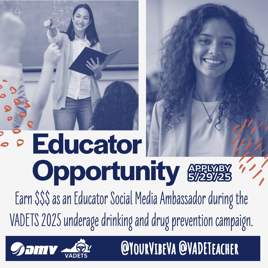 Educator Opportunity!!!
Earn $$$ as an Educator Ambassador during our VADETS 2025 underage drinking and drug prevention campaign.
Sign-up by 5/292/25!
Apply Here ➡️bit.ly/3GT7N0F
