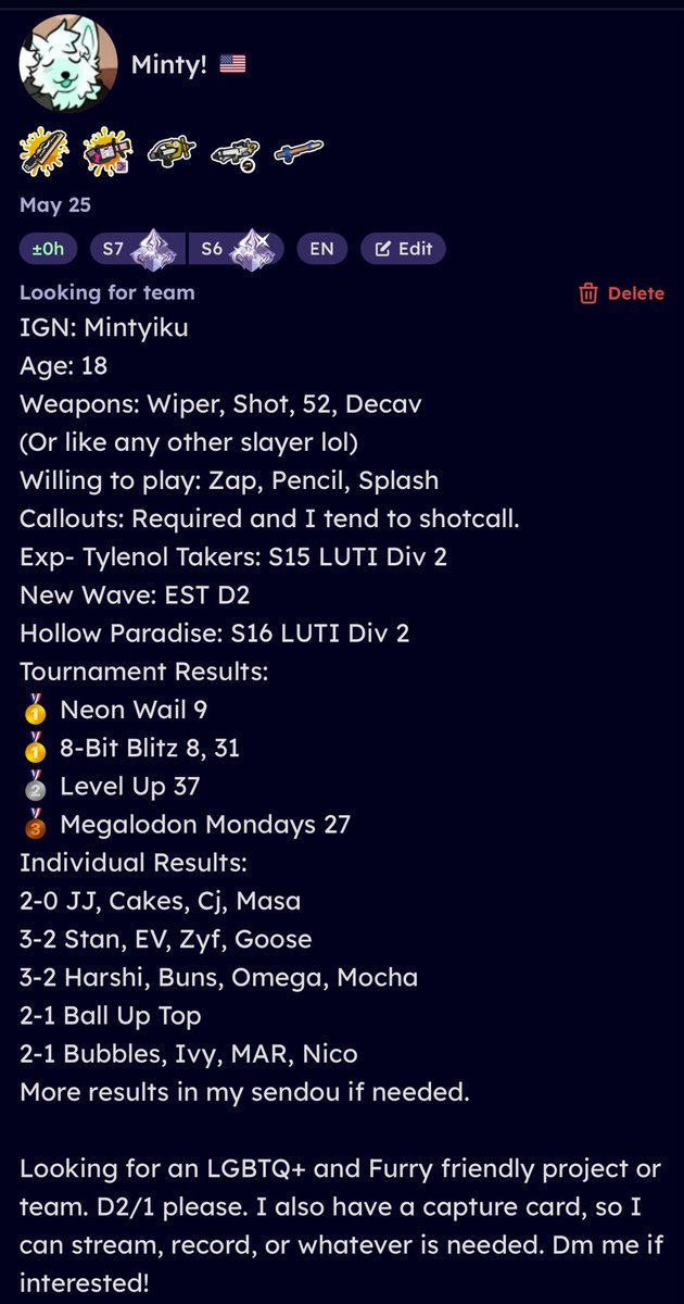 Slightly updated FA post ^-^, still pretty motivated to play with a group, but more or less looking to have fun now
(Please someone play with me I haven’t had a proper team in way too long)