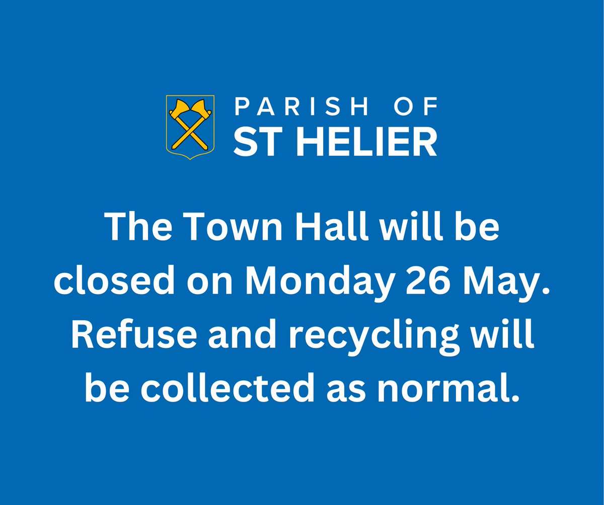 The Town Hall will be closed tomorrow for the Spring Bank Holiday.

Refuse and recycling will be collected as normal. 

#parishofsthelier #jerseyci #townhall #bankholiday #openinghours
