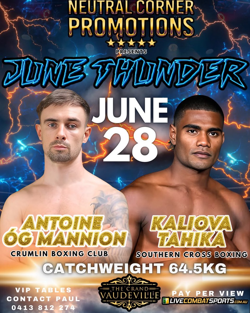 * Fight News *

Antoine Óg Mannion returns for fight 2 as a pro on the Neutral Promotions card in New South Wales, Australia  on the 28th June

Mannion, delighted on debut with a 3rd round stoppage win of Dayton Koia 

He takes on Kaliova Tahila in a catchweight bout at 64.5kg