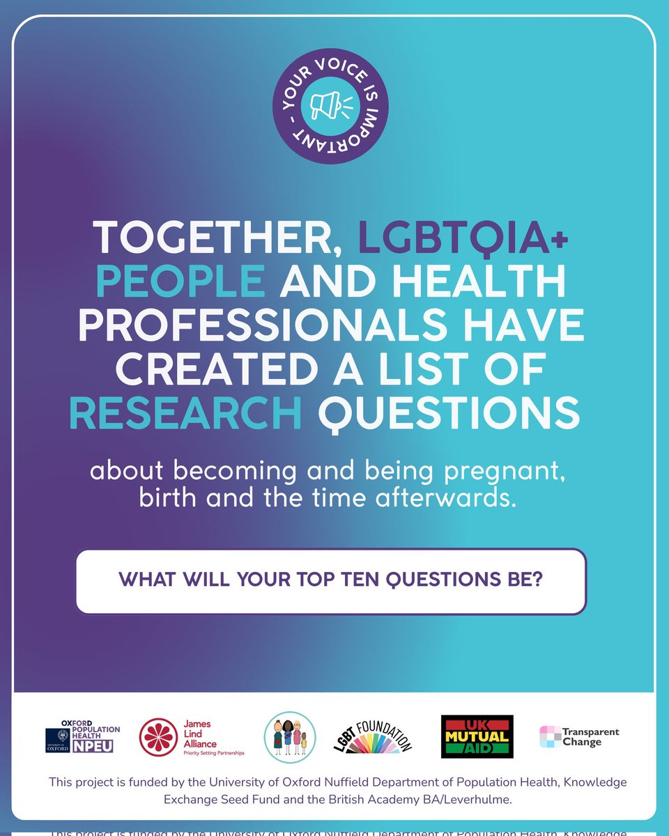 UK perinatal healthcare professionals, take a look at these collaboratively created list of unanswered research questions on lg8tqia+ perinatal care and choose your top ten: bit.ly/PSPTopTen #equity #research #prioritysetting
