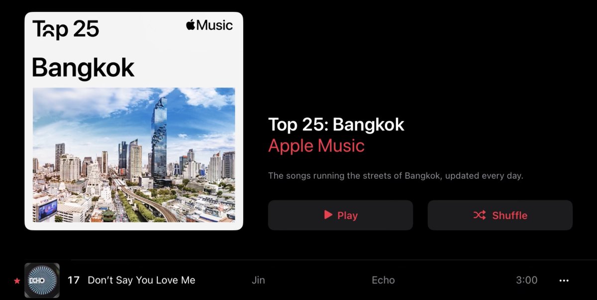 .<a href="/BTS_twt/">방탄소년단</a> #Jin ‘Don’t Say You Love Me’ เข้าสู่ท็อป 50 ได้แล้วบนชาร์ต Apple Music Top 100: Thailand ที่อันดับ #43

พร้อมด้วย
#17 Top 25: Bangkok
#1 Top Videos

#Jin_Echo
#Dont_Say_You_Love_Me
