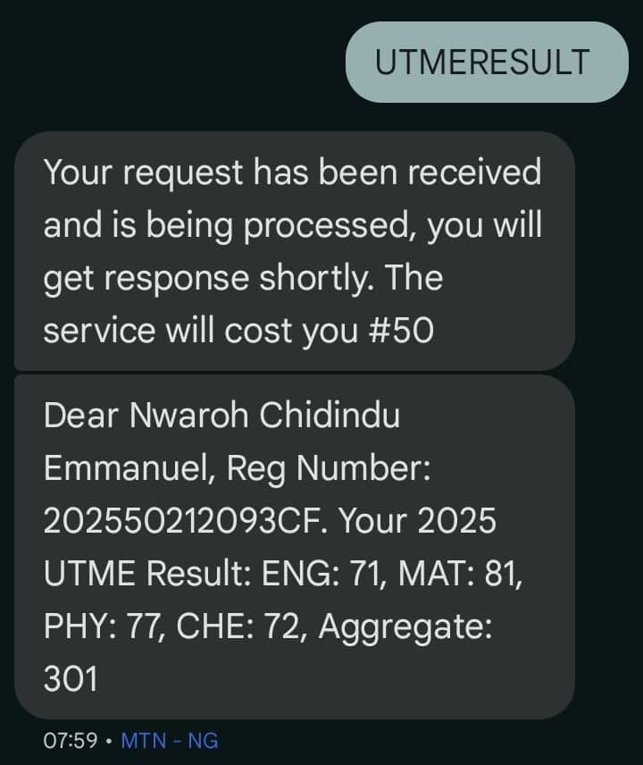This is the first JAMB resit result I woke up with. This youngster was wrongly graded 170 due to the error and now 301 in just 48 hours of preparation.

Finally, our students have been vindicated.