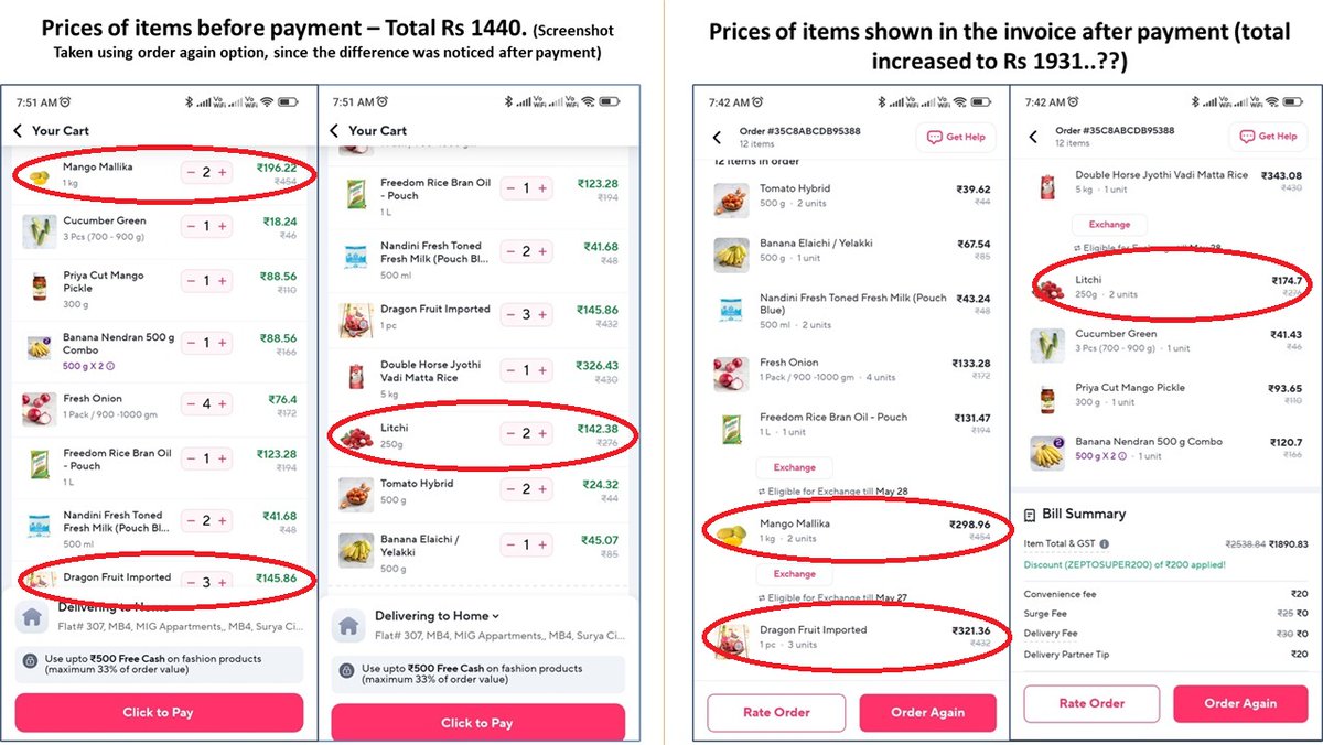 NGShaiju's tweet photo. @ZeptoNow Found an issue with Zepto. Not sure if it a technical issue or deliberate practice.
Today I have added 12 items to my cart, worth  Rs1440 after discounts. But while making payment I have been charged INR 1931?? Screenshot attached. Anyone else faced similar issue? https://t.co/UDFU5dYSSW