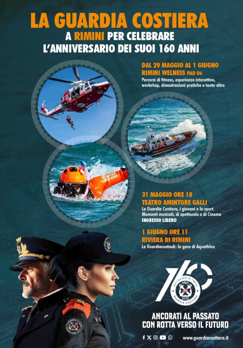guardiacostiera's tweet photo. 🎉 Vieni a RIMINI per festeggiare  il 160^ Anniversario delle Capitanerie di porto - Guardia Costiera, 
con un ricco programma pensato per coinvolgere tutti, soprattutto i più giovani! https://t.co/WqKeGwa16h