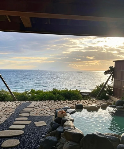 この驚くべき海辺の温泉で静けさを求めます。波と日没と暖かな浸かり——純粋な幸せです