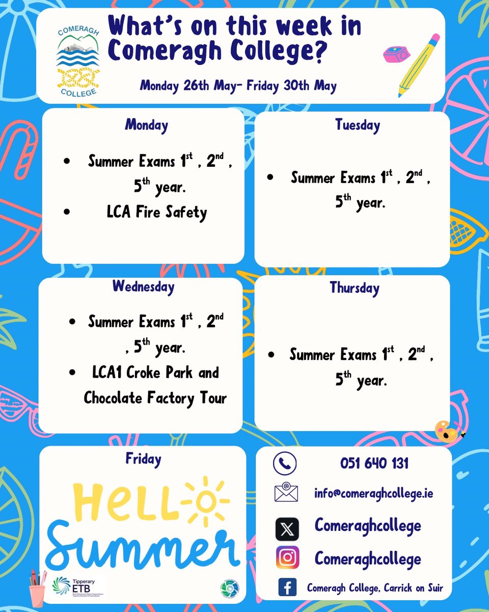 Comeragh College (@comeraghcollege) on Twitter photo It’s our last weekly schedule of this academic year! We wish all our students completing summer exams the very best of luck. Our LCA1 students are off to Croke Park and Butlers Cocolate Factory on Wednesday 🍫 💫 <a href="/TipperaryETB/">Tipperary Education and Training Board</a> It’s our last weekly schedule of this academic year! We wish all our students completing summer exams the very best of luck. Our LCA1 students are off to Croke Park and Butlers Cocolate Factory on Wednesday 🍫 💫 <a href="/TipperaryETB/">Tipperary Education and Training Board</a>