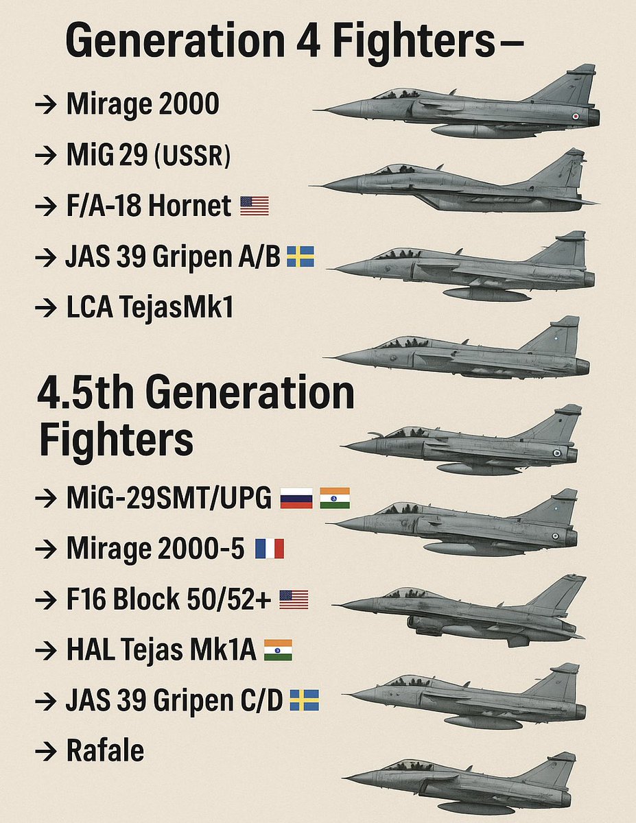 thedefenseride's tweet photo. Gen. 4  Fighters – Digital Revolution &amp; Stealth Beginning
👉 #Mirage2000🇫🇷
👉 #MiG29(USSR)
👉 F/A-18 Hornet🇺🇸
👉 JAS 39 Gripen A/B🇸🇪
👉 #LCATejasMk1 🇮🇳

4.5th
👉MiG-29SMT/UPG(🇷🇺/🇮🇳)
👉Mirage 2000-5 🇫🇷
👉#F16 Block 50/52+🇺🇸
👉HAL Tejas Mk1A🇮🇳
👉JAS 39 Gripen C/D🇸🇪
👉#Rafale 🇫🇷 https://t.co/tMazHmYuyo