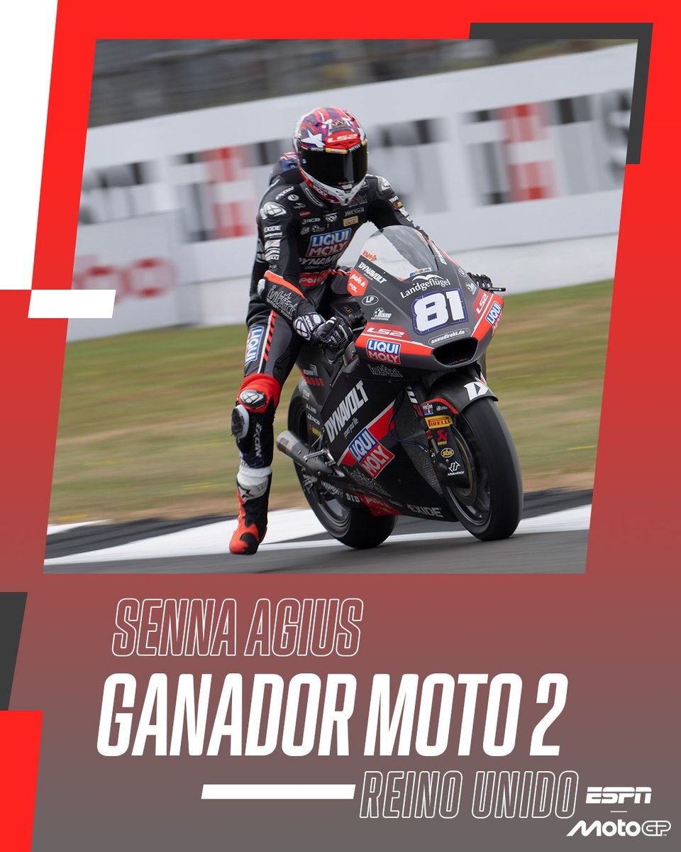 MotoGP_ESPN's tweet photo. ¡La primera nunca se olvida! Senna #Agius ganó por primera vez en #Moto2 y fue de una manera excepcional. 🔥
El australiano aprovechó la batalla de adelante y en los últimos metros superó a todos. 😎
Diogo #Moreira y David #Alonso completaron el podio. 😍 https://t.co/fwy1sPvV7r
