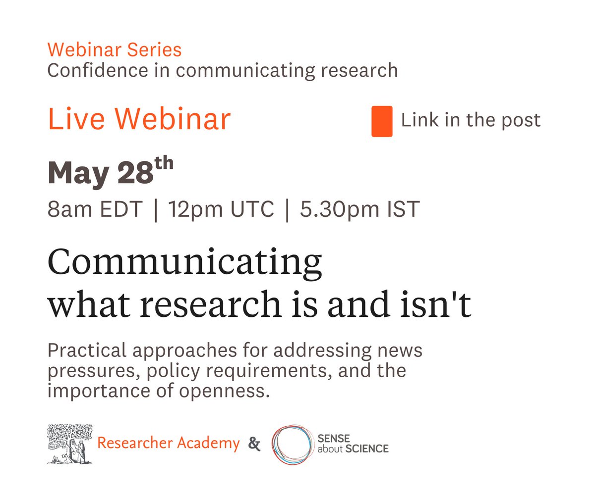 Elsevier Researcher Academy (@researcheracad) on Twitter photo Bridging the gap between uncertainty in science and public understanding is vital. Attend <a href="/senseaboutsci/">Sense about Science</a> & @researcheracad webinar on May 28th 12pm UTC to learn from experts about what #research is and isn't.
Learn more by register today: spkl.io/6018fFqpI Bridging the gap between uncertainty in science and public understanding is vital. Attend <a href="/senseaboutsci/">Sense about Science</a> & @researcheracad webinar on May 28th 12pm UTC to learn from experts about what #research is and isn't.
Learn more by register today: spkl.io/6018fFqpI