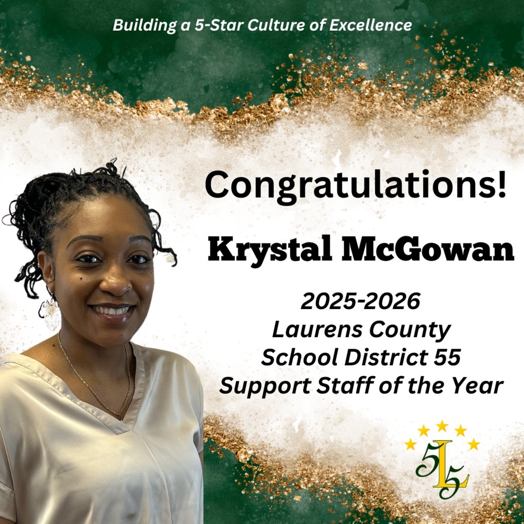 We are so proud of our 2025-2026 District Support Staff of the Year

 We look forward to more great things happening at Laurens Middle School and our district.

Congratulations, Krystal McGowan!