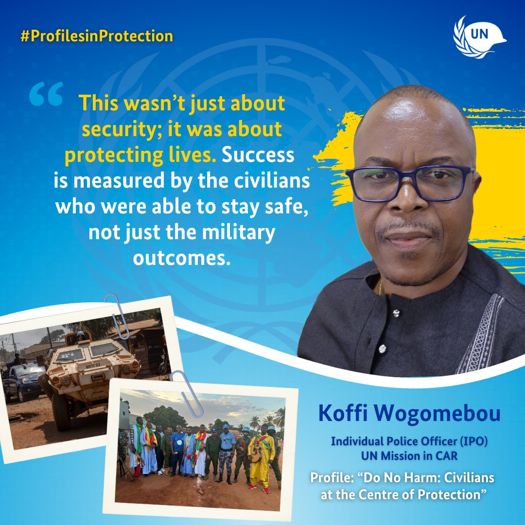 UNPeacekeeping's tweet photo. Peacekeeper of the Day: Koffi Wogomebou
In 2018, as the Senior Protection of Civilians Adviser in @UN_CAR, Koffi helped prepare for a high-risk military operation to dislodge armed gangs & protect civilians.
Read story👉https://t.co/j8H8RN8LqH
#ProfilesinProtection #POCweek2025 https://t.co/F8gdXXmifY