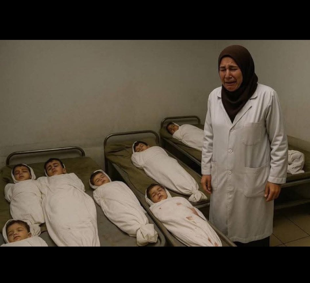 Dr Alaa Al-Najjar with her nine dead children murdered by Israel state forces as part of the ongoing Genocide in Gaza. 950 children have been killed in two months.