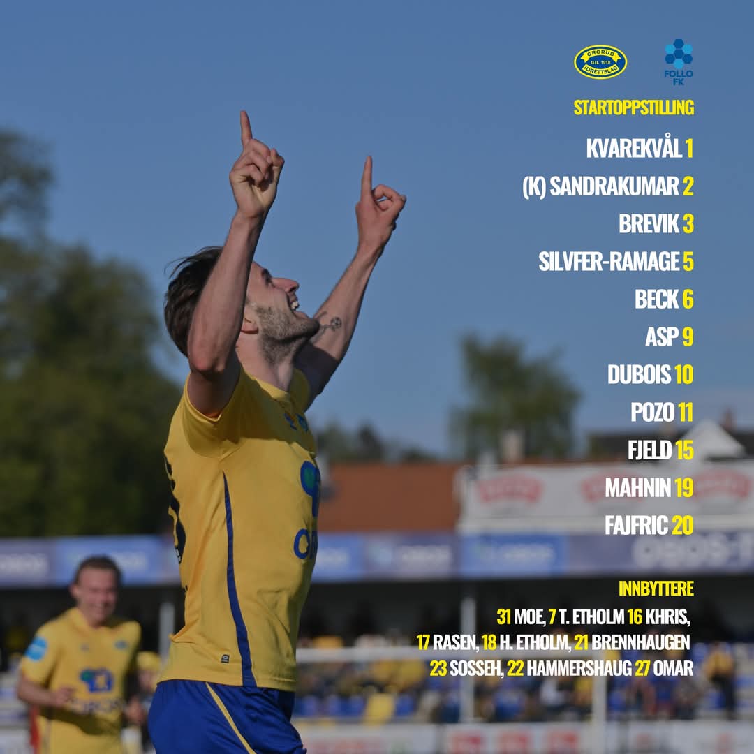 Her er Alreks utvalgte til dagens kamp mot Follo! 💛💙

Kampstart på Grorud Idrettspark 14:00, gratis inngang for alle! 🎫

Kampen sendes også på Direktesport fra 13:55 📺