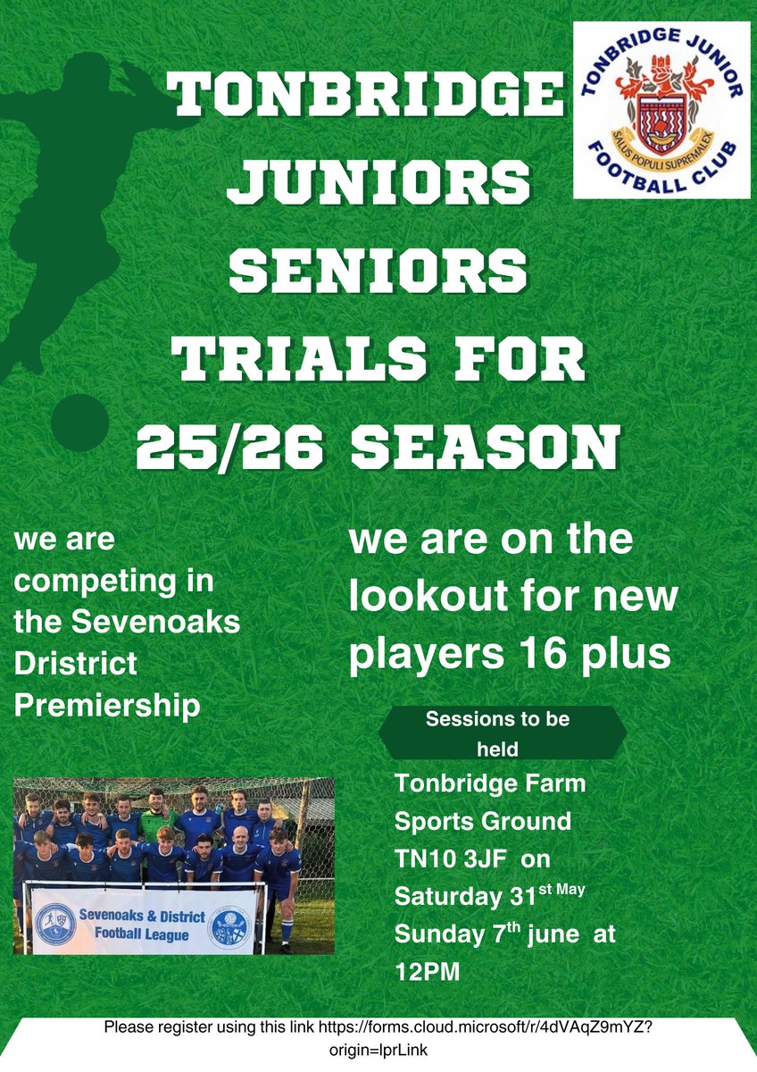 Tonbridge Juniors football club (@tonbridgeclub) on Twitter photo We are holding new player trials for the 25/26 season please use the link below to register your interest forms.cloud.microsoft/r/4dVAqZ9mYZ?o…
#tjfcseniors #trials2526season #registernow #oneclubonefamily #tonbridgejuniorsfc <a href="/whatsoninkent/">What's On In Kent</a> <a href="/SDisrictFL/">Sevenoaks_Districtfl</a> <a href="/KentFA/">Kent FA ⚽</a> We are holding new player trials for the 25/26 season please use the link below to register your interest forms.cloud.microsoft/r/4dVAqZ9mYZ?o…
#tjfcseniors #trials2526season #registernow #oneclubonefamily #tonbridgejuniorsfc <a href="/whatsoninkent/">What's On In Kent</a> <a href="/SDisrictFL/">Sevenoaks_Districtfl</a> <a href="/KentFA/">Kent FA ⚽</a>