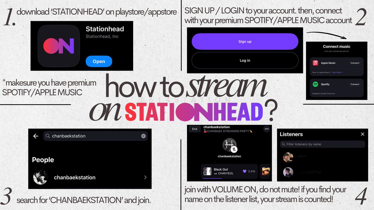 614STATION's tweet photo. [❓] How to stream on STATIONHEAD?

Chanbaek Nation, please follow these steps to join our streaming party! If your name not on the listener list, your stream will not be count!

https://t.co/Yeinh8wUIx

note : you must have SPOTIFY / APPLE MUSIC premium to join stationhead! https://t.co/yXOYz433iD