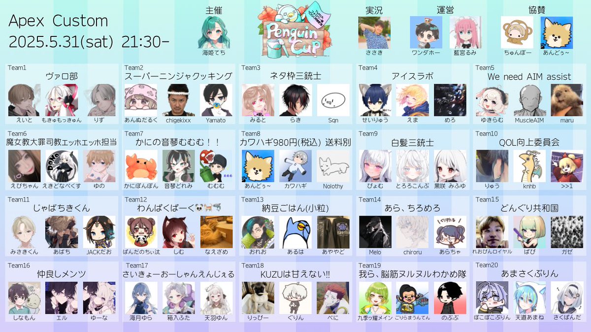 【お知らせ】
2025.5.31(sat) 21:30~
#APEXカスタム 『Penguin Cup』
の全体画像が出来ました ꉂꉂ📣

実況：ささきさん( #ssk_smash )
運営：ワンダホーさん( #wandahor )
　　　藍宮るみさん( #Rum1Tyan7765 )
協賛：ちゅんぼーさん( #tyunboo_ap )
　　　あんどぅ〜さん( #otoware_99 )