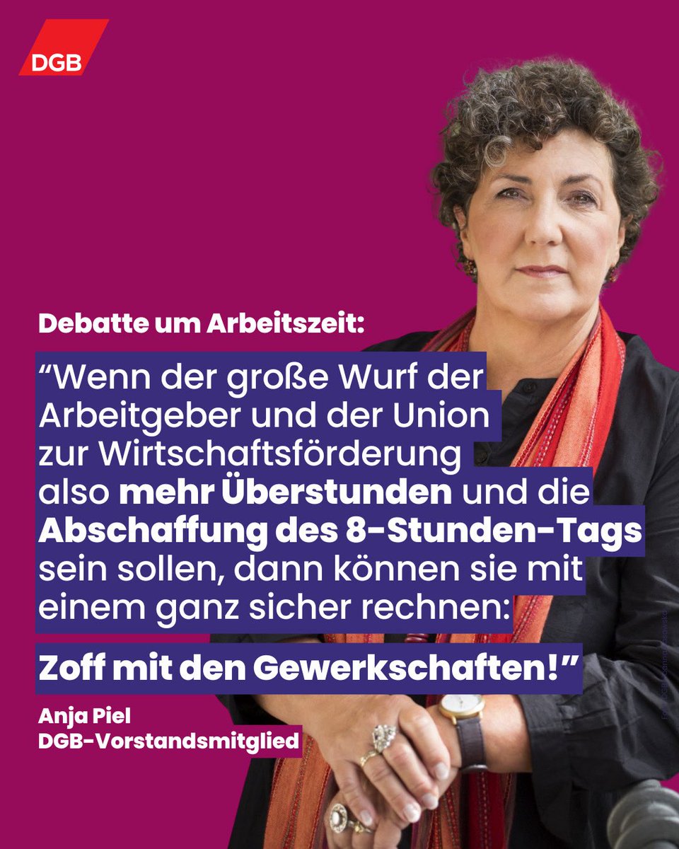 DGB - Deutscher Gewerkschaftsbund (@dgb_news) on Twitter photo Mehr arbeiten und den Acht-Stunden-Tag abschaffen: Das soll der große Wurf sein? Unser Vorstandsmitglied <a href="/Anja_Piel/">Anja Piel</a> in der <a href="/fr/">FrankfurterRundschau</a> dazu, warum die Gesetzes-Vorschläge den Großteil der arbeitenden Menschen außer Acht lassen und unsere Gesundheit aufs Spiel setzen, aber der Wirtschaft Mehr arbeiten und den Acht-Stunden-Tag abschaffen: Das soll der große Wurf sein? Unser Vorstandsmitglied <a href="/Anja_Piel/">Anja Piel</a> in der <a href="/fr/">FrankfurterRundschau</a> dazu, warum die Gesetzes-Vorschläge den Großteil der arbeitenden Menschen außer Acht lassen und unsere Gesundheit aufs Spiel setzen, aber der Wirtschaft