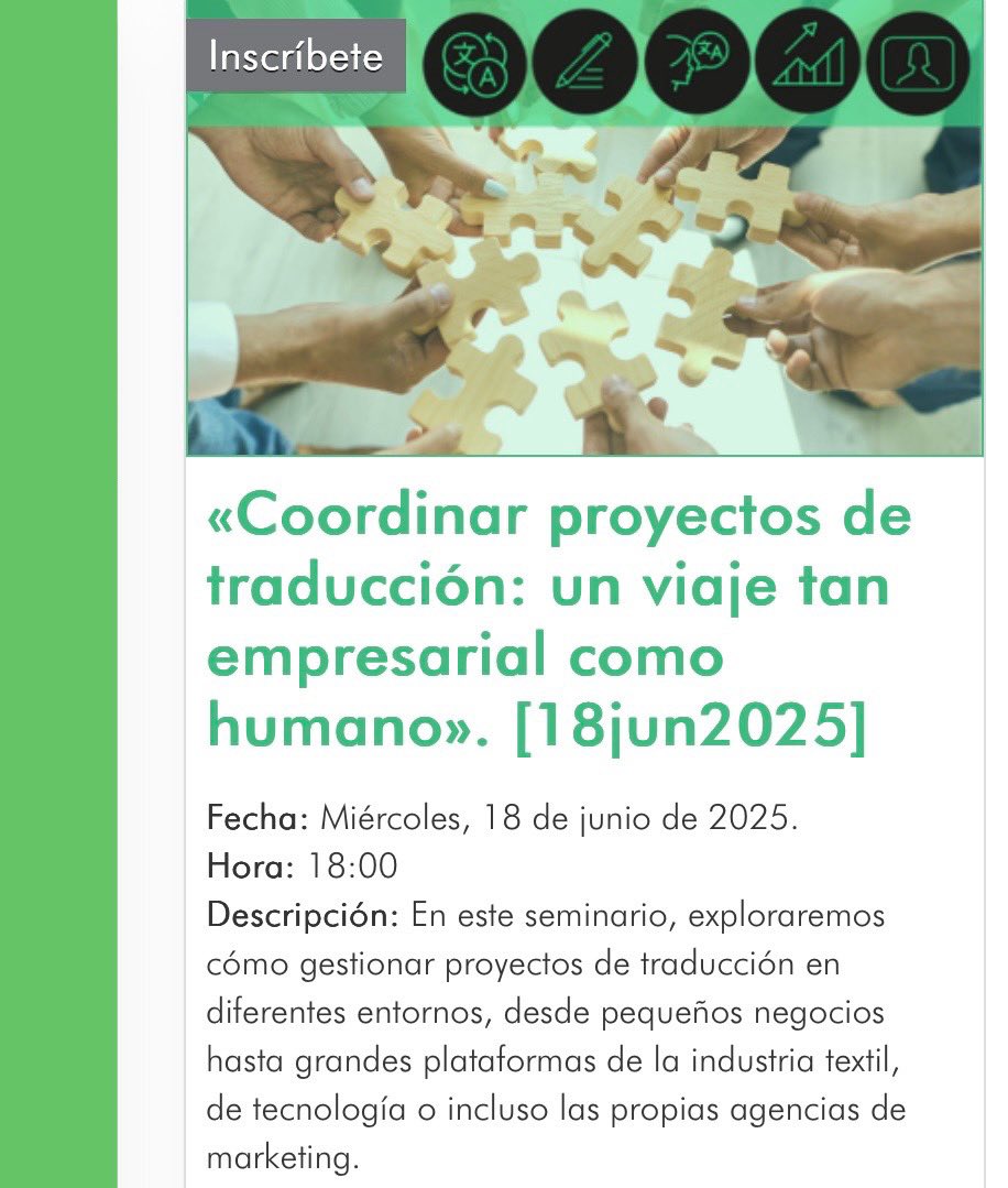 navarrotradmed's tweet photo. Ciberseminario

«Coordinar proyectos de traducción: un viaje tan empresarial como humano»
@textualizada

@Asetrad_ORG, 18 de junio.
Info: https://t.co/UOkFdqLRsu https://t.co/lbp1jmQ9NI