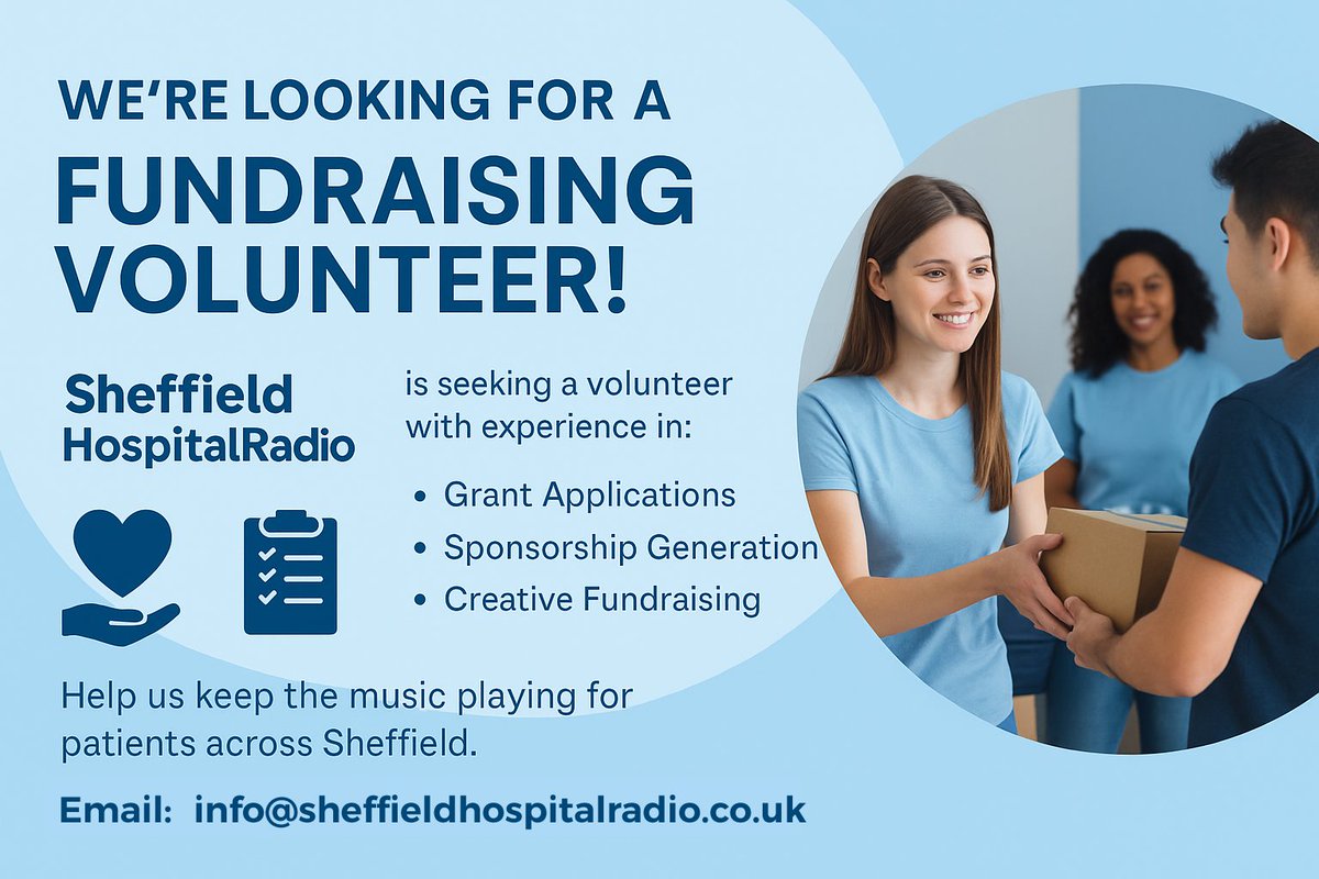 ListenToSHR's tweet photo. Sheffield Hospital Radio is on the hunt for a volunteer fundraising lead.
If you’re passionate about supporting local causes we’d love to hear from you! 
Email: studio@sheffieldhospitalradio.co.uk

#VolunteerOpportunity #Fundraising #SheffieldHospitalRadio #GrantsAndSponsorships https://t.co/4NKEtqFQBH