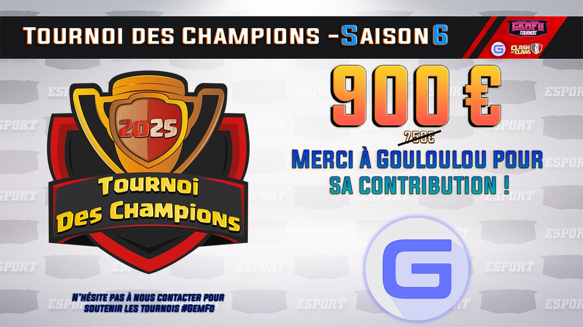 💰 Le Cash Prize augmente ! 💰

Grâce à une généreuse donation de <a href="/gouloulou_coc/">Gouloulou</a> , la cagnotte du tournoi #GemFo grimpe à 900 € ! 🔥

🔥 On s’approche dangereusement des 1000 €… qui sera le prochain à faire exploser la barre ? 💣💸

#ClashOfClans #eSport