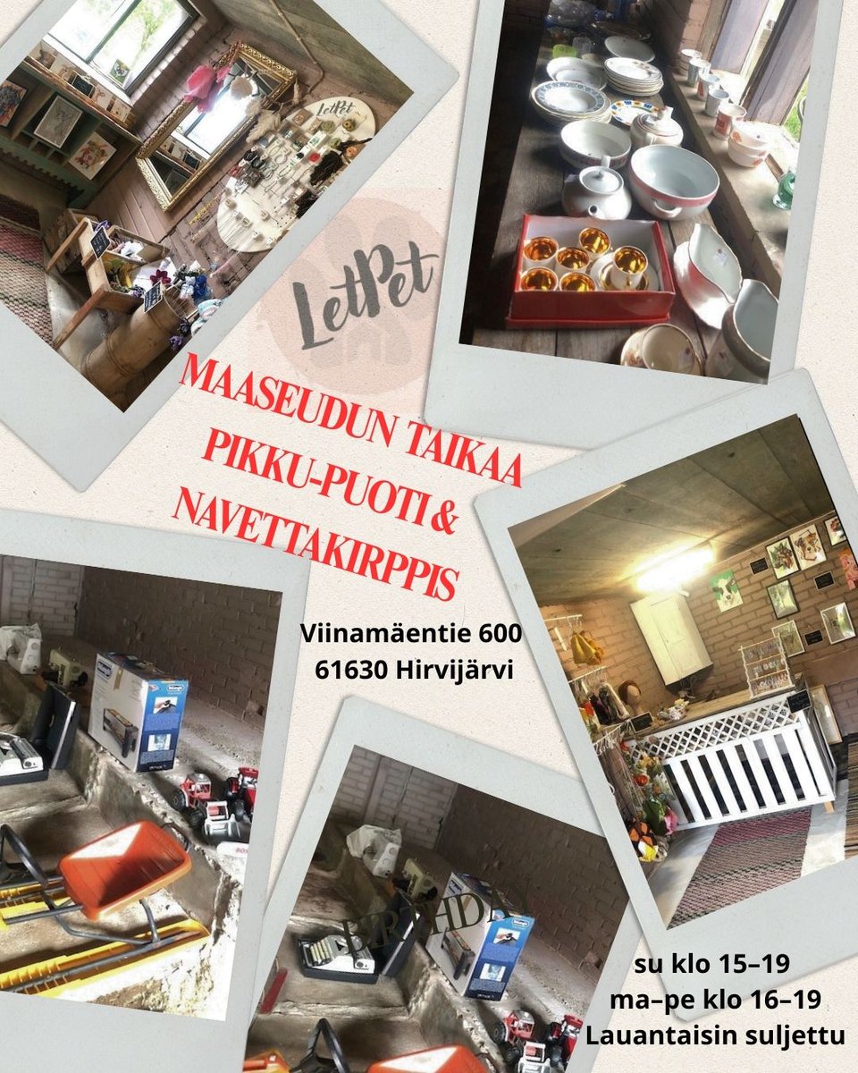 TmiLetPet's tweet photo. Pikku-Puodista käsitöitä &amp; taidetta. Navettakirppiksestä vintagea ja hieman muitakin löytöjä. Tervetuloa! 

Avoinna: su 15-19, ma-pe 16-19. Lauantaisin suljettu.
Viinamäentie 600, 61630 Hirvijärvi

#jalasjärvi #kurikka #eteläpohjanmaa #kirpputori https://t.co/7kbUgnRikB
