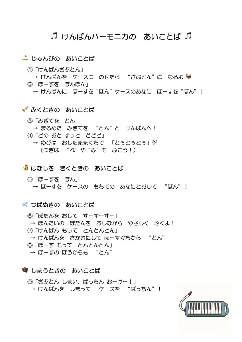【1年生って…教えることが山ほどある】

けんばんハーモニカだけで何ステップあるの⁉️
毎年、声が枯れそうなあなたへ…

📕見せるだけで動く！
📢合言葉で覚える！
💡掲示・配布で使えるようにしました！

1年担任に贈る、声かけの救世主です👇

よかったらご覧ください♪
