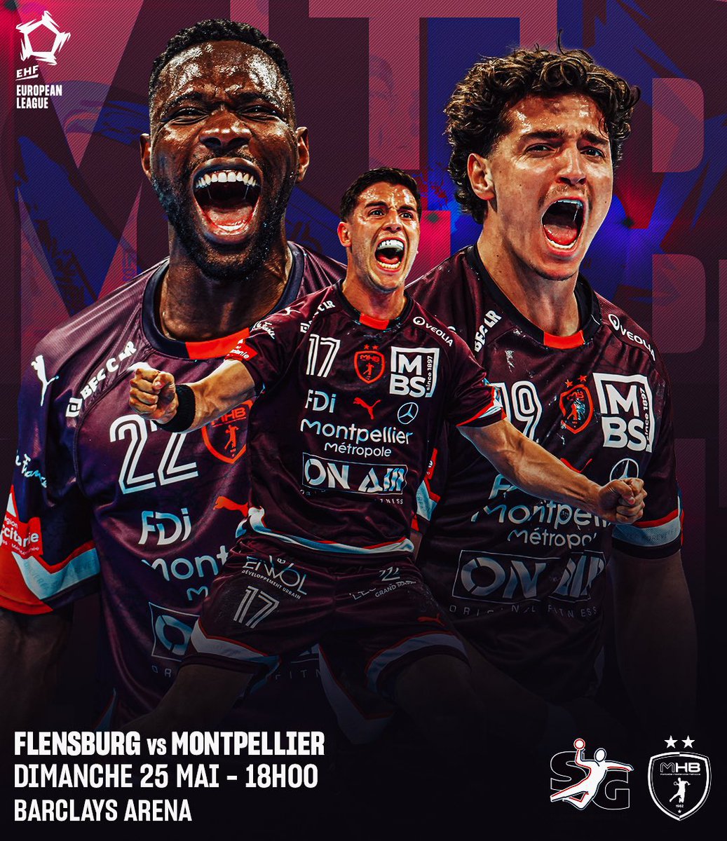 [#GameDay] 🤾🏻‍♂️

🏆#FINALE #EuropeanLeague <a href="/ehfel_official/">EHF European League</a> 

<a href="/SGFleHa/">SG Flensburg-Handewitt</a> 🇩🇪 
🆚
<a href="/mhbofficiel/">Montpellier Handball</a> 🔵⚪️

📅 Dimanche 25 mai
⌚️ 18:00

📍Barclays Arena, Hambourg 🇩🇪 

Match à suivre ⬇️
<a href="/Eurosport_FR/">Eurosport France</a> 2️⃣
DIFFUSION AU MHB CAFE