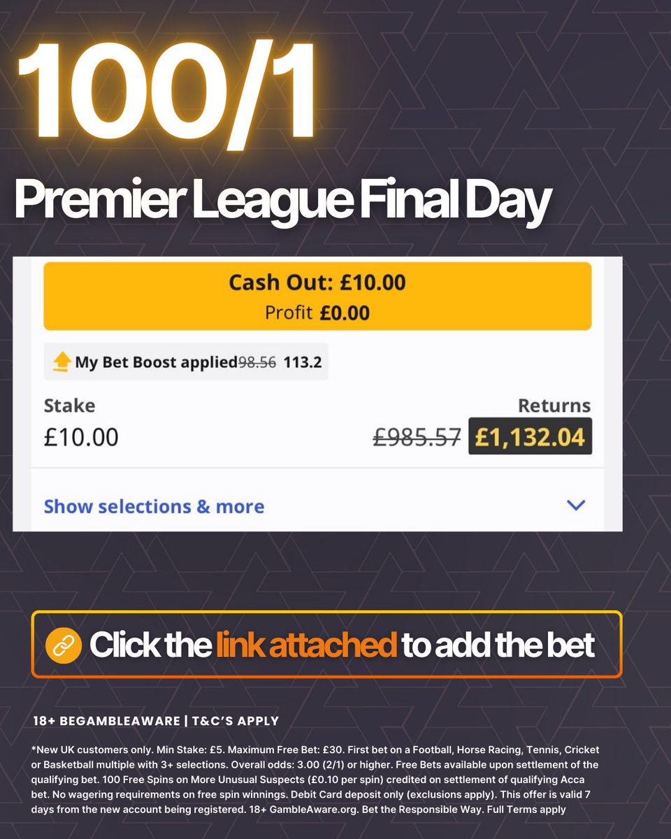 BennyBoyTips's tweet photo. 💰 100/1 PREMIER LEAGUE SPECIAL!

A bit of fun for the last day.. 

Add Bet Here: https://t.co/WlhLvTkjiS

Get £50 Free Bets: https://t.co/WAJvWKcUmZ

18+ T&amp;Cs Apply https://t.co/MwsdqXywbm