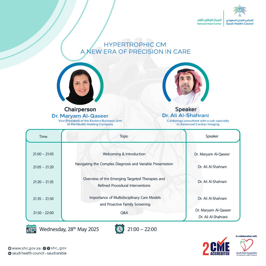 KR_Organisation's tweet photo. HYPERTROPHIC CM: A NEW ERA OF PRECISION IN CARE
๐๏ธ Wednesday, 28 May 2025
๐ 9:00 โ 10:00 PM (KSA Time)
๐ป Live Webinar
๐น Accredited with 2 CME Hours
๐ https://t.co/VKuO4nPjzK
#Cardiology #HCM #HeartCare #CME #SHC #SaudiHeart #MedicalEducation #CardiacCare https://t.co/Jbzfq26wQ3