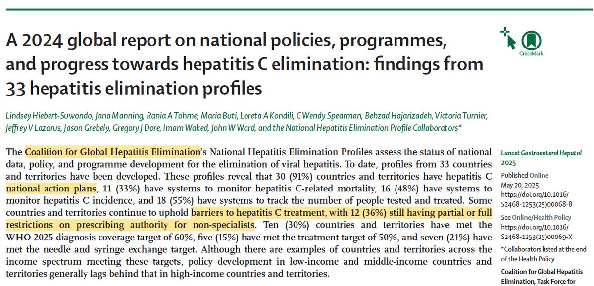 Thomas Reiberger (@reibergerthomas) on Twitter photo ⚠️ #Hepatitis C Elimination
<a href="/EASLnews/">EASLnews</a> <a href="/WHO/">World Health Organization (WHO)</a>
<a href="/LancetGastroHep/">The Lancet Gastroenterology & Hepatology</a>
😑 not all countries have national HCV action plans
☹️ 36% have (partial) restrictions on curative #HCV treatments
😑 30% met HCV #WHO diagnosis coverage target of 60%
☹️ only 15% met HCV #WHO treatment target ⚠️ #Hepatitis C Elimination
<a href="/EASLnews/">EASLnews</a> <a href="/WHO/">World Health Organization (WHO)</a>
<a href="/LancetGastroHep/">The Lancet Gastroenterology & Hepatology</a>
😑 not all countries have national HCV action plans
☹️ 36% have (partial) restrictions on curative #HCV treatments
😑 30% met HCV #WHO diagnosis coverage target of 60%
☹️ only 15% met HCV #WHO treatment target