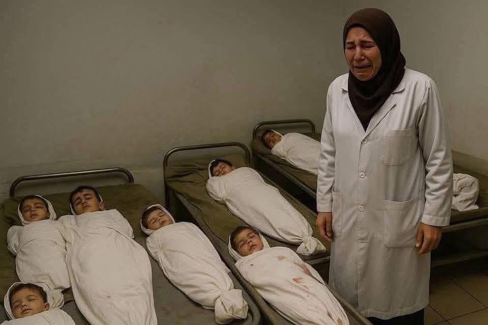 RowAmsha's tweet photo. ⚠️  Cette photo n'est pas une image d'intelligence artificielle. 
✅️  Elle montre la Docteure Alaa Al-Najjar entourée des corps de ses neuf enfants.
🔸️Docteure Alaa Al-Najjar, pédiatre à l'hôpital Nasser, vit aujourd'hui la pire souffrance qu'un cœur de mère puisse endurer. https://t.co/kklmxRW96r