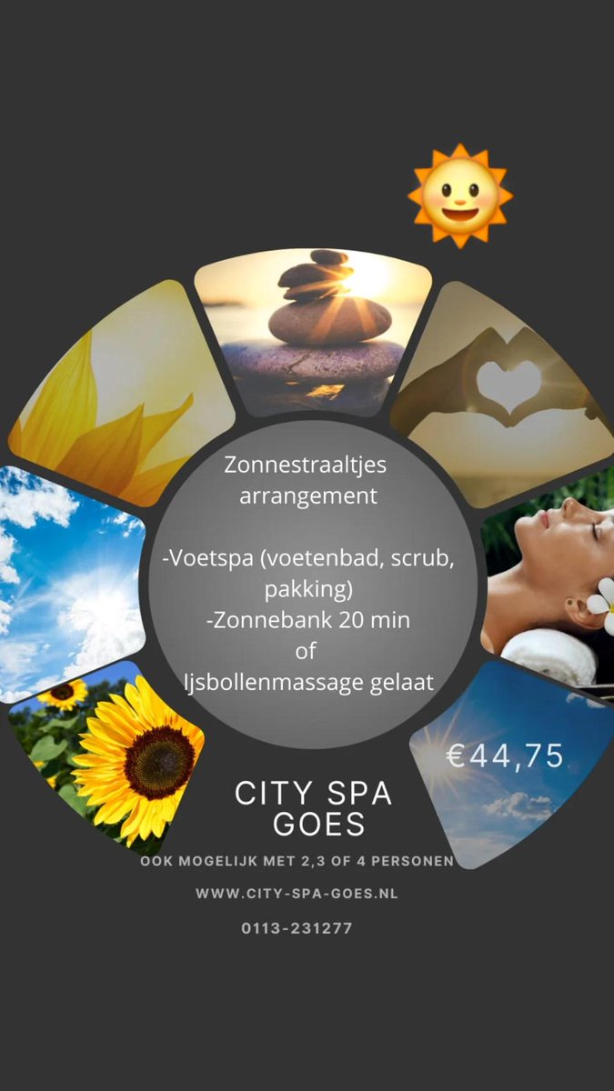 Zomerstraaltjes arrangement bij
City Spa Goes.
#wellness #wellnessdag #cityspagoes #goes #Zeeland #footspa #Spa #massage #ontspanningsbeleving