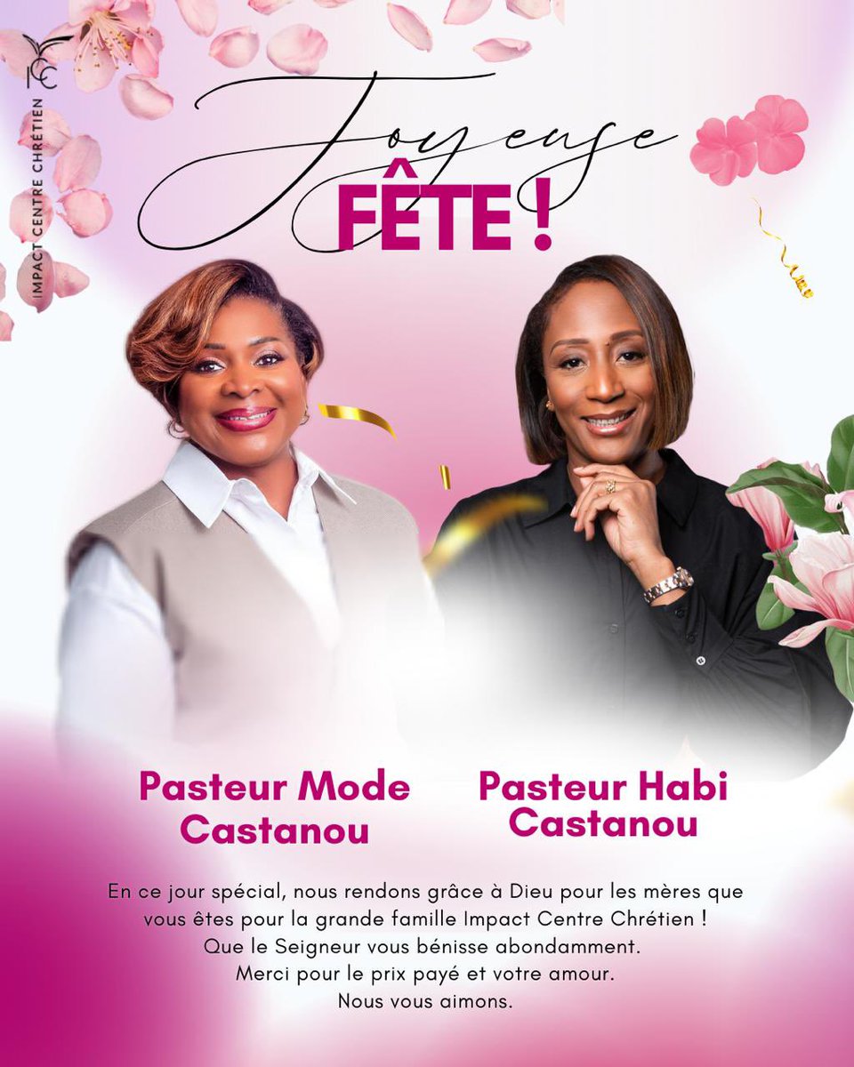 Joyeuse fête à nos mamans d’honneur ! 🌸 

Aujourd’hui, nous célébrons deux femmes de foi, de sagesse et d’amour : Pasteur Mode Castanou et Pasteur Habi Castanou.

Merci pour le prix payé, pour vos cœurs, vos prières et votre exemplarité !

Que Dieu bénisse toutes nos mamans ! ✨