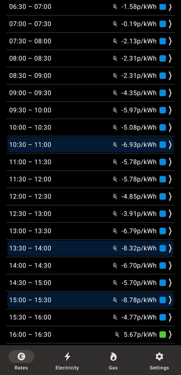 Today is a good day for using electricity in the UK. Being paid to use electricity is the power of half-hourly metering and fuel-free renewable electricity. Thanks <a href="/OctopusEnergy/">Octopus Energy</a> #agile tariff for leading the way.