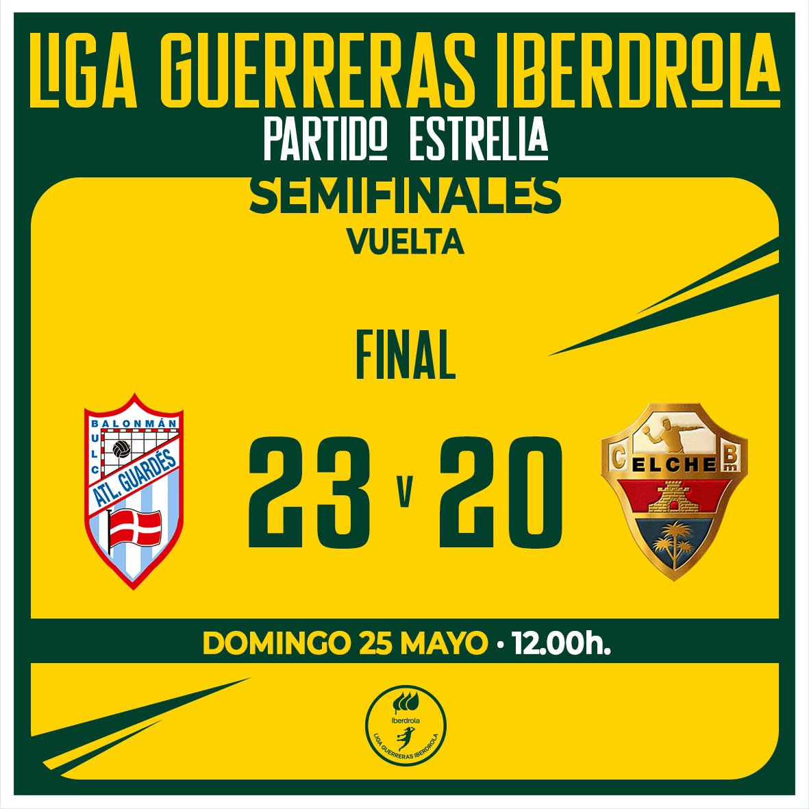 Liga Guerreras Iberdrola (@iberdroladhf) on Twitter photo 🏆 #LigaGuerrerasIberdrola | semifinales
📌 Vuelta
⏱ 60' - Final
⭐️ <a href="/Atlguardes_ofic/">Mecalia Atlético Guardés</a> 23 - 20 <a href="/cbm_elche/">Atticgo Balonmano Elche</a>
📊 Estadísticas en directo 👉 resultadosbalonmano.isquad.es/competicion.php
🎙️ ¡<a href="/nicole11morales/">Nicole✨</a> le da un agónico pase a la final a <a href="/cbm_elche/">Atticgo Balonmano Elche</a>, que se cita con <a href="/BalonmaBeraBera/">super amara Bera Bera</a> en la final! 🏆 #LigaGuerrerasIberdrola | semifinales
📌 Vuelta
⏱ 60' - Final
⭐️ <a href="/Atlguardes_ofic/">Mecalia Atlético Guardés</a> 23 - 20 <a href="/cbm_elche/">Atticgo Balonmano Elche</a>
📊 Estadísticas en directo 👉 resultadosbalonmano.isquad.es/competicion.php
🎙️ ¡<a href="/nicole11morales/">Nicole✨</a> le da un agónico pase a la final a <a href="/cbm_elche/">Atticgo Balonmano Elche</a>, que se cita con <a href="/BalonmaBeraBera/">super amara Bera Bera</a> en la final!