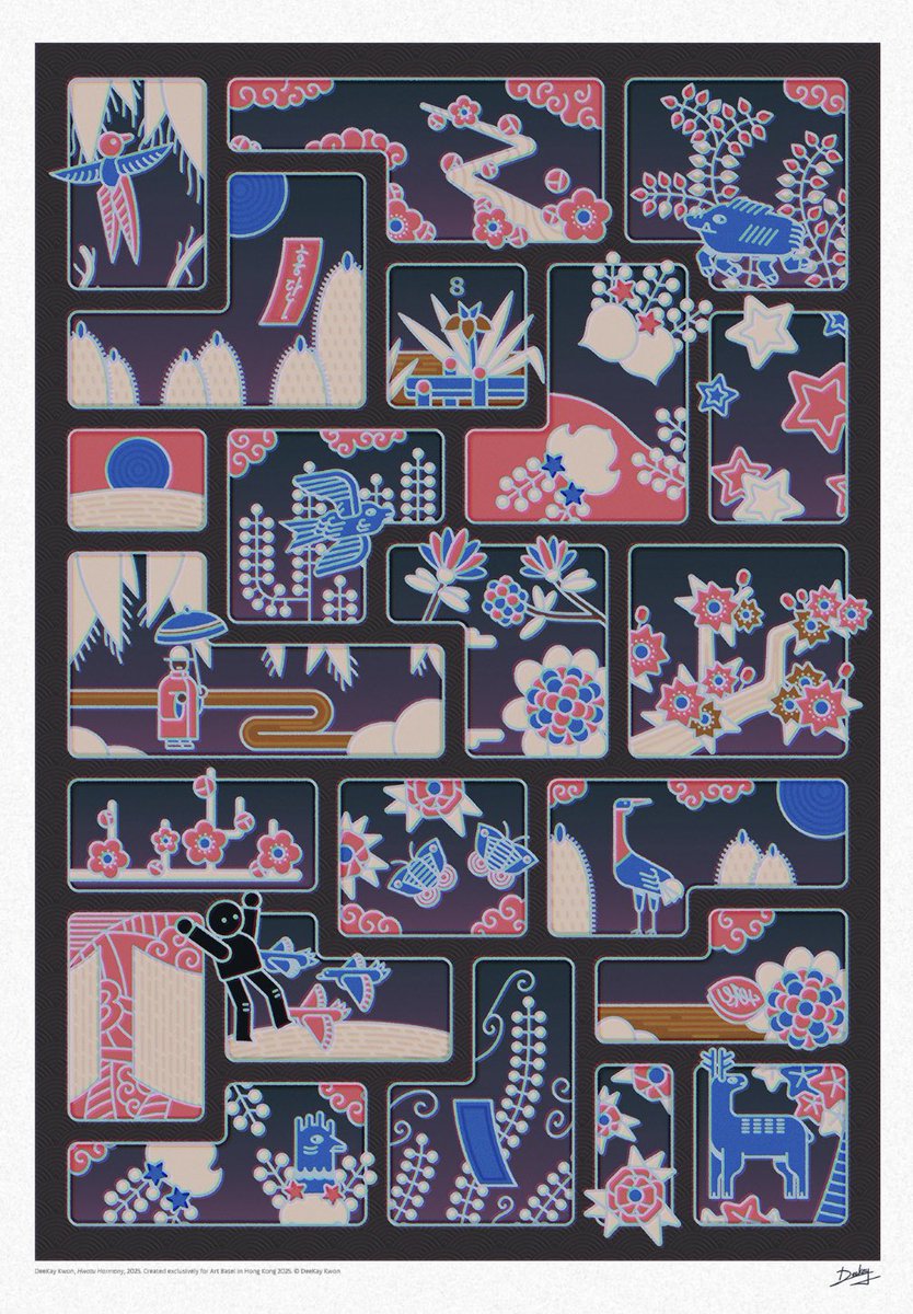 1. Gina Choy, "Journey Through a Forest of Oak and Moss", 2017. Oil on Canvas, 75 x 75 cm. Minted 2022. Col. HyggeAlbino 

2. DeeKay Kwon, "Hwatu Harmony”, 2025. Still from Hand-drawn Digital Animation, Art Basel Hong Kong 2025 release.