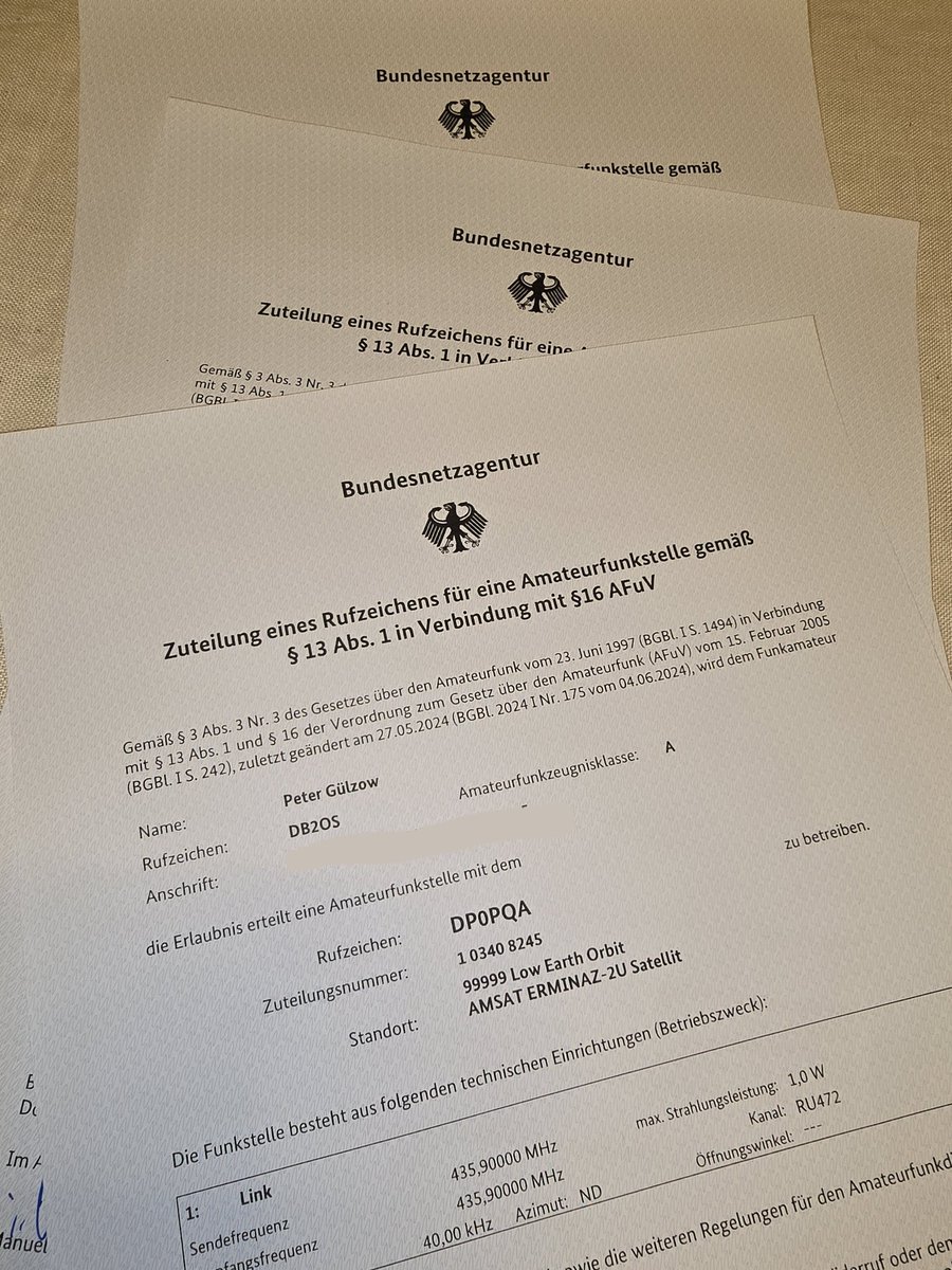 We’re excited to share that the German Federal Network Agency (#BNetzA) has assigned the amateur radio callsigns DP0PQA, DP0PQB, and DP0PQC for our #AMSAT PocketQubes on the ERMINAZ-2 mission!