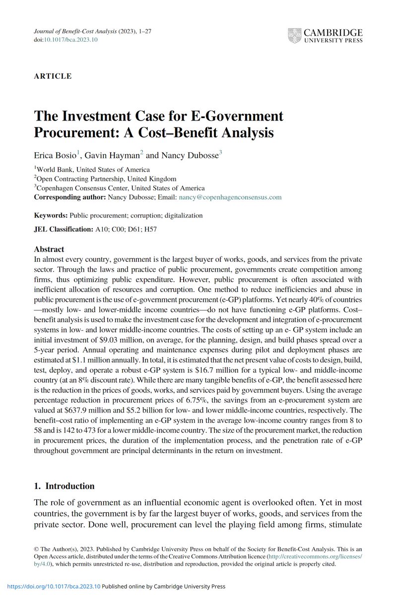 Corruption costs the world $1 trillion a year, but hard to tackle.

E-procurement (bidding for contracts online) is an efficient solution, with benefits of $10bn/yr at a cost of $76m/yr.

Peer-reviewed SDGs research published by Cambridge University Press
cambridge.org/core/journals/…