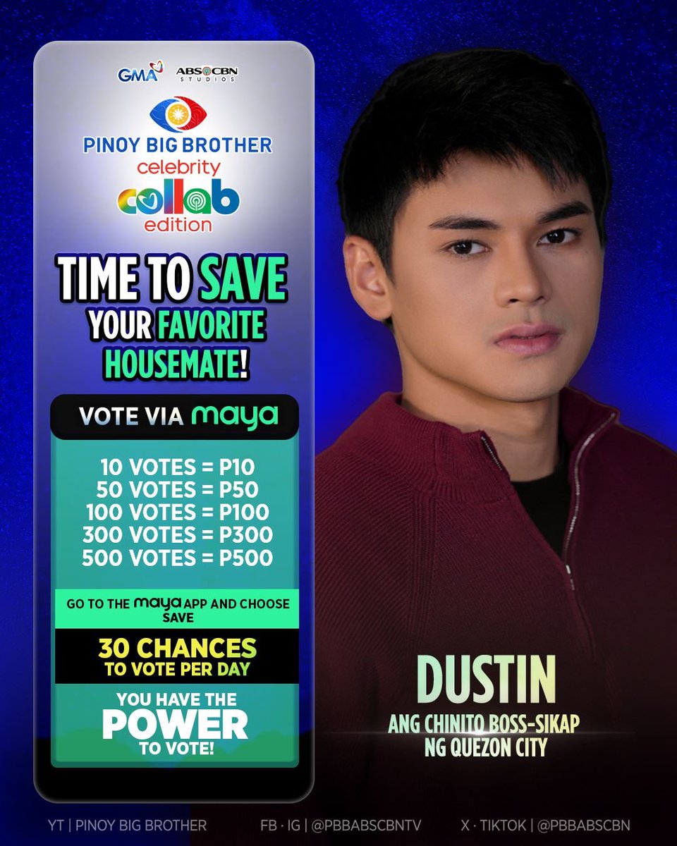 PBBabscbn's tweet photo. Save DUSTIN! 

Vote to save DUSTIN with Maya para mag-stay pa sa Bahay ni Kuya! 🏠✨

🗳️ Here's how:
1️⃣ Download Maya and sign up for free.
2️⃣ Cash in before voting.
3️⃣ Tap the PBB icon on the Maya app.
4️⃣ Vote for the HOUSEMATE you want to save.
5️⃣ Select amount and confirm your vote.

Download Maya now: https://t.co/zrIX5iNXci

Catch PBB Collab weekdays at 10:05PM and weekends at 6:15PM on GMA, Kapuso Stream, https://t.co/2xAr3IaTsv, GMA Pinoy TV, Kapamilya Online Live, iWantTFC, at TFC!