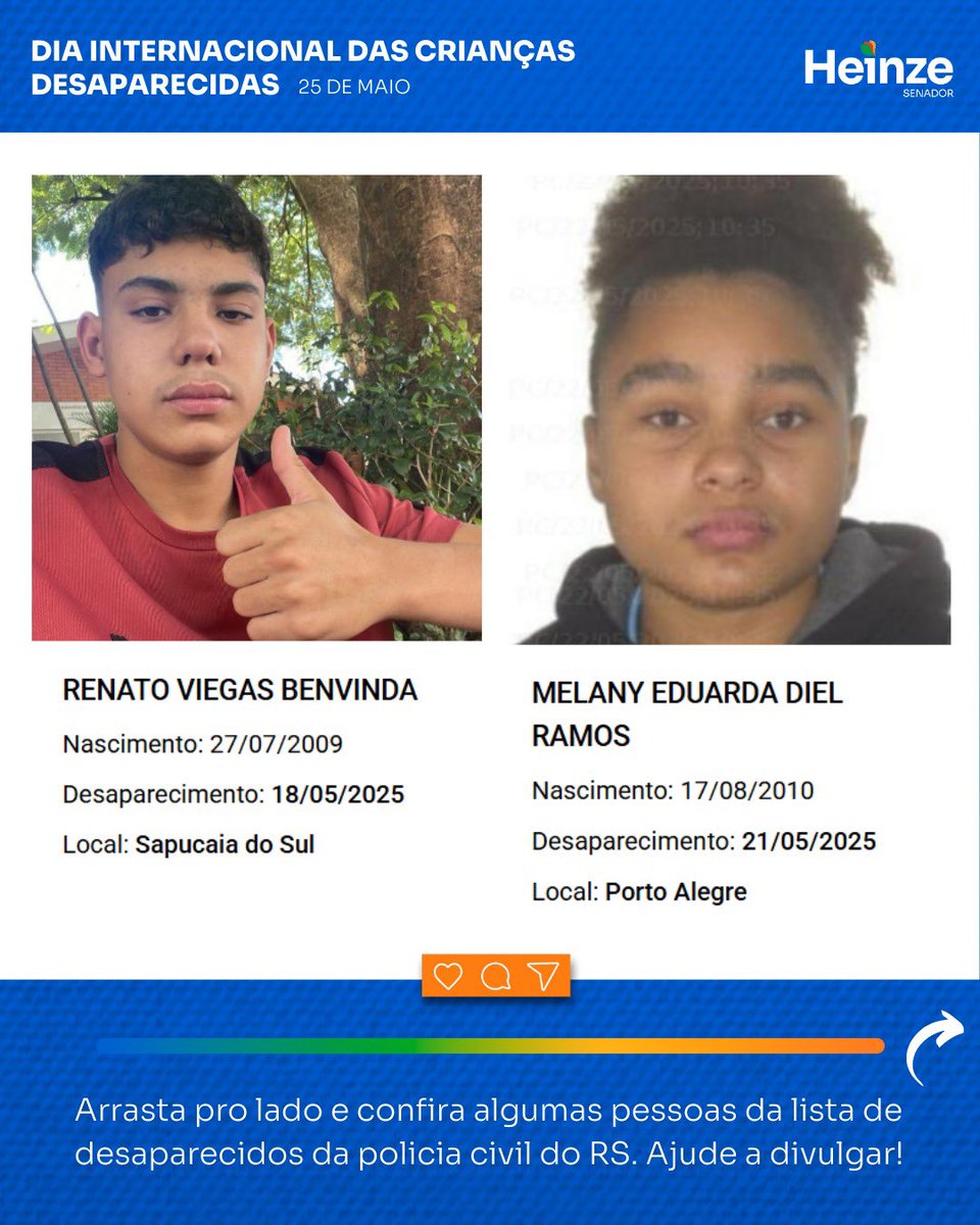 Heinzeoficial's tweet photo. Hoje é dia de dar voz às crianças desaparecidas! Cada rosto carrega uma história e a dor de uma família. 

👉 Arraste pro lado e veja algumas crianças desparecidas. Se reconhecer alguma delas, não hesite: ligue 181! 
.
.
.
#Compartilhe #Divulgue #Mobilize https://t.co/1CFSDy789n