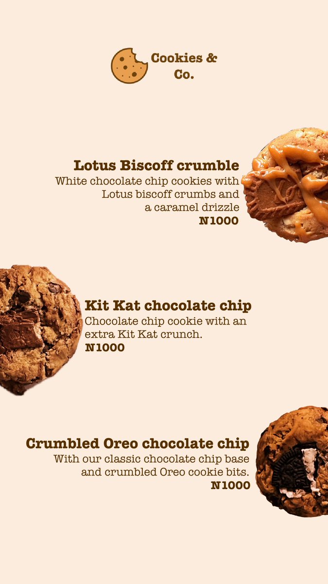 cookiesandco_ng's tweet photo. Hi cookie lovers! 🍪

Please note that some of our cookie prices have changed due to rising ingredient costs. Flavours like Lotus Biscoff, Kit Kat, and Crumbled Oreo are now ₦1000.

The preorder window is now open, so send in your orders early to secure your batch 💛💛💛 https://t.co/20KlUt1yoF