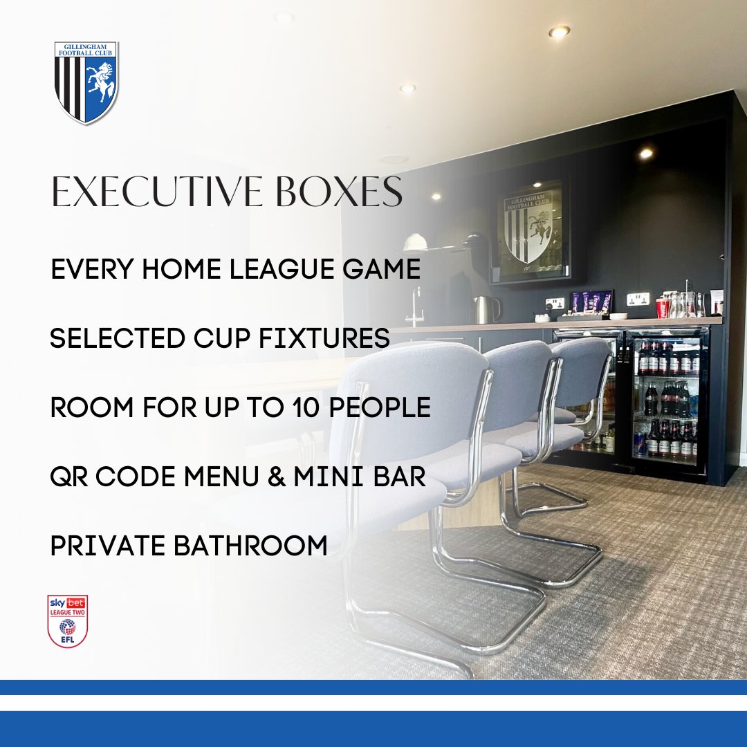 Gillingham FC (@thegillsfc) on Twitter photo We have just one more executive box available for sale ahead of the 2025/26 season.
Our boxes can cater for up to ten people & you have access to a mini bar, and a QR code to order food.
For more info, call 01634 300000 or email sales@priestfield.com
#Gills | <a href="/GFC_Commercial/">GFC Commercial</a> We have just one more executive box available for sale ahead of the 2025/26 season.
Our boxes can cater for up to ten people & you have access to a mini bar, and a QR code to order food.
For more info, call 01634 300000 or email sales@priestfield.com
#Gills | <a href="/GFC_Commercial/">GFC Commercial</a>