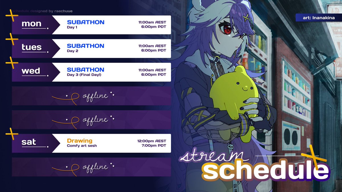 💜 Streaming schedule for May 26th - June 1st 🐼

My subathon starts tomorrow with my birthday on Sunday 🥹 it’s going to be a great week!

* ˚ ✦twitch.tv/ujiix
* ˚ ✦youtube.com/@Ujiixvods
* ˚ ✦tiktok.com/@ujiixvtuber