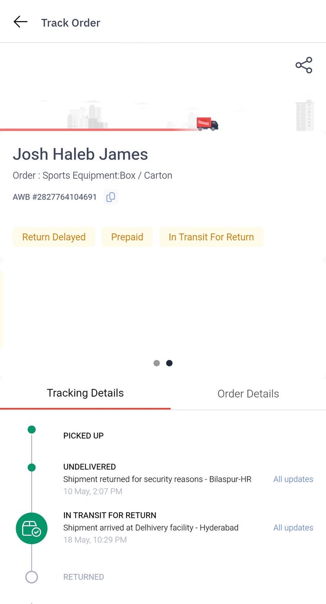 JoshHalebJames's tweet photo. @help_delhivery AWB 2827764104691
18th May 2025 my parcel reached Hyderabad. Still it's not getting delivered. How long l have to wait? https://t.co/AJ3RC9JzqB
